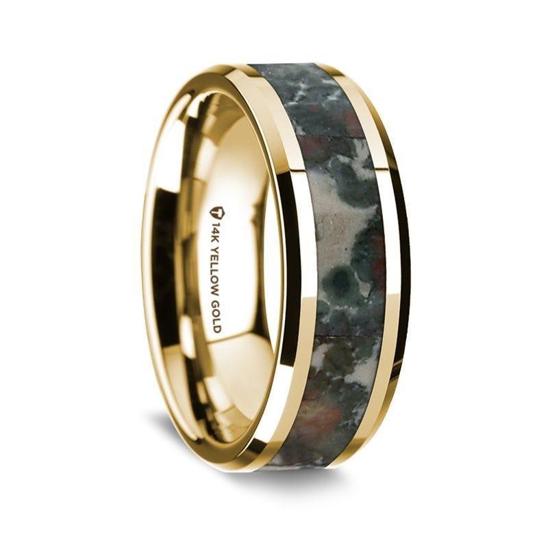 14K Yellow Gold Polished Beveled Edges Wedding Ring with Coprolite Inlay - 8 mm - Thorsten Rings