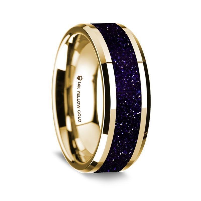 14K Yellow Gold Polished Beveled Edges Wedding Ring with Purple Goldstone Inlay - 8 mm - Thorsten Rings
