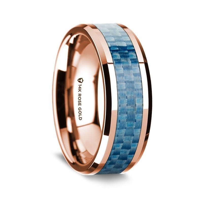 14k Rose Gold Polished Beveled Edges Wedding Ring with Blue Carbon Fiber Inlay - 8 mm - Thorsten Rings