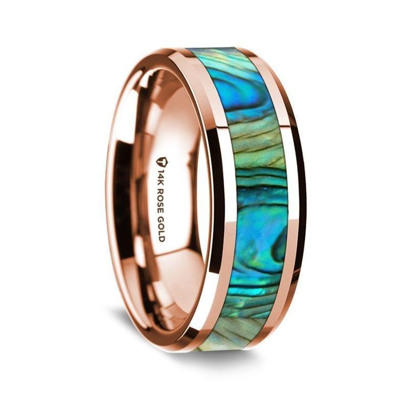 14K Rose Gold Polished Beveled Edges Wedding Ring with Mother of Pearl Inlay - 8 mm - Thorsten Rings