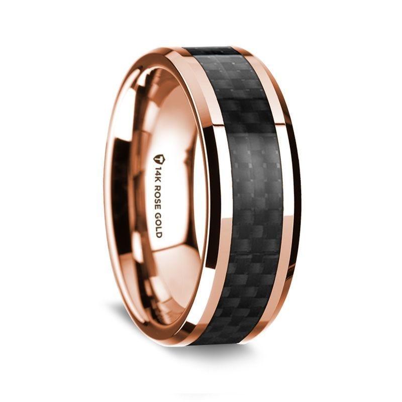 14k Rose Gold Polished Beveled Edges Wedding Ring with Black Carbon Fiber Inlay - 8 mm - Thorsten Rings