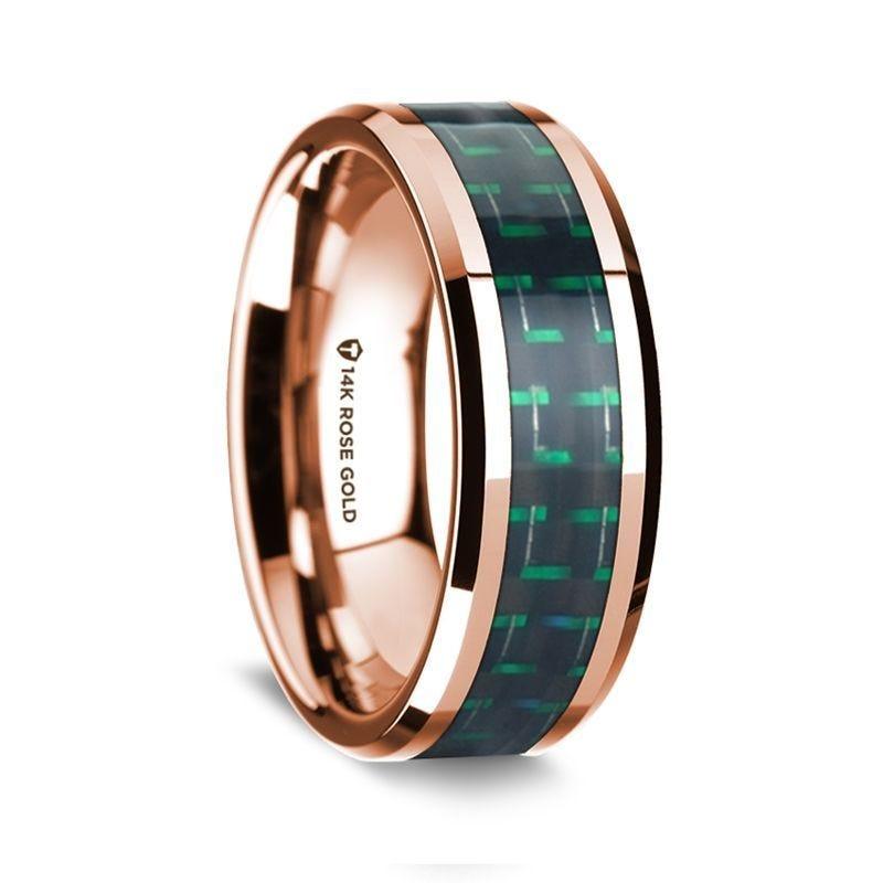 14k Rose Gold Polished Beveled Edges Wedding Ring with Black and Green Carbon Fiber Inlay - 8 mm - Thorsten Rings