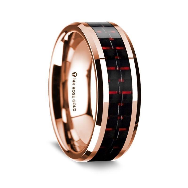14K Rose Gold Polished Beveled Edges Wedding Ring with Black and Red Carbon Fiber Inlay - 8 mm - Thorsten Rings