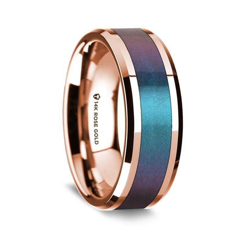 14k Rose Gold Polished Beveled Edges Wedding Ring with Blue and Purple Color Changing Inlay - 8 mm - Thorsten Rings