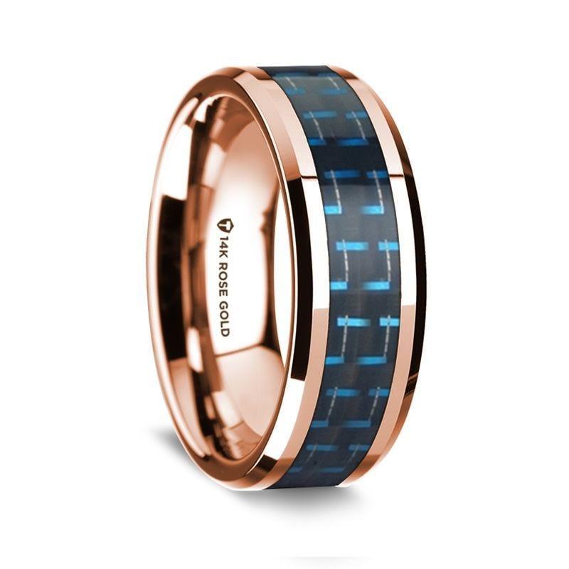 14k Rose Gold Polished Beveled Edges Wedding Ring with Black and Blue Carbon Fiber Inlay - 8mm - Thorsten Rings