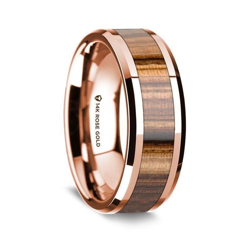 14k Rose Gold Polished Beveled Edges Wedding Ring with Zebra Wood Inlay - 8 mm - Thorsten Rings