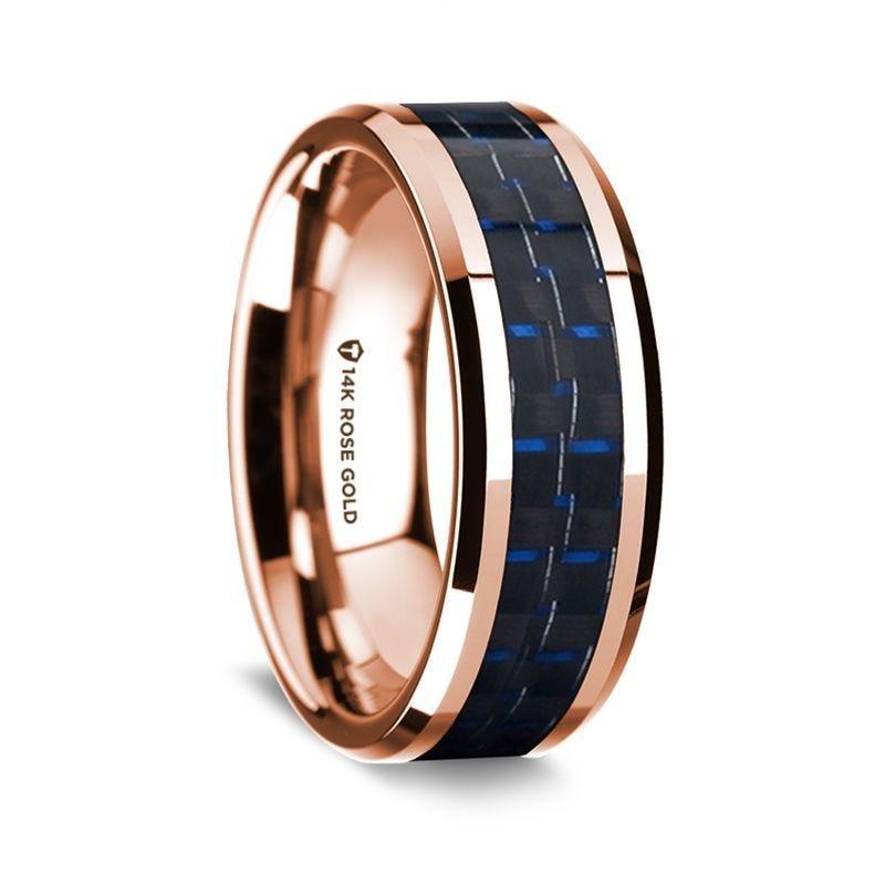 14K Rose Gold Polished Beveled Edges Wedding Ring with Black and Dark Blue Carbon Fiber Inlay - 8 mm - Thorsten Rings
