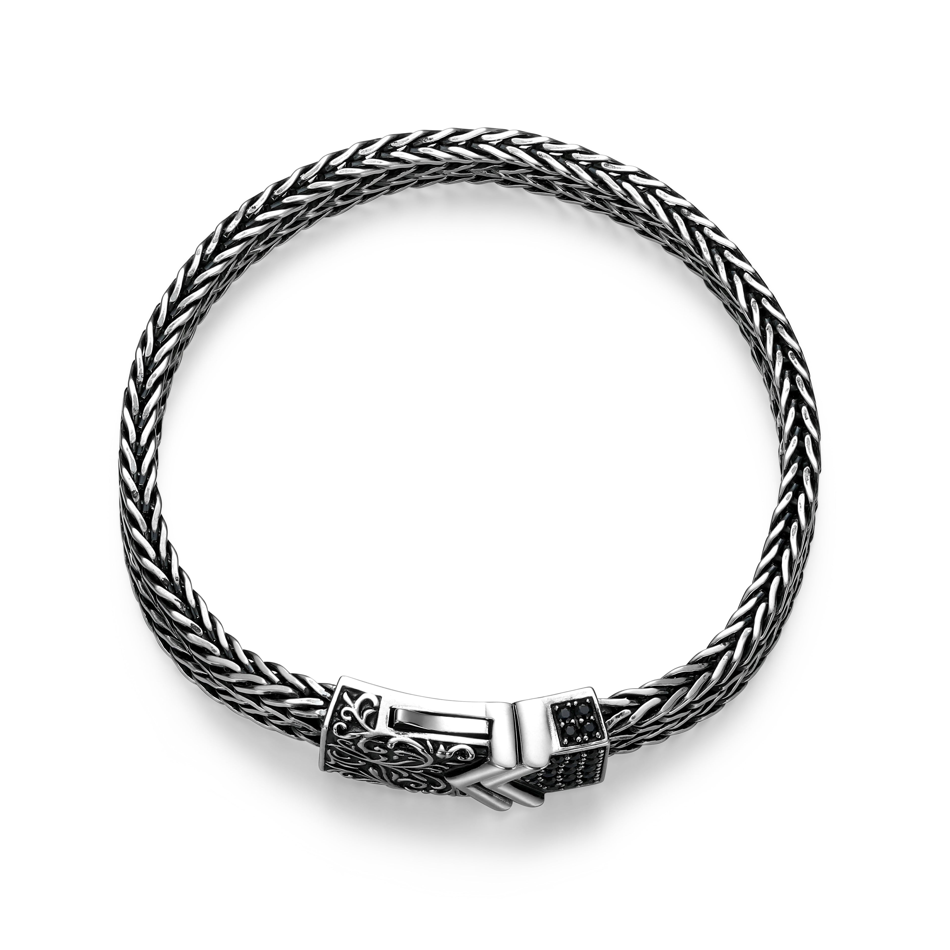 UB0084 - Chisel & Chevron Genuine Black Sapphire Pavé Bracelet in Oxidized Rhodium - Plated Sterling Silver
