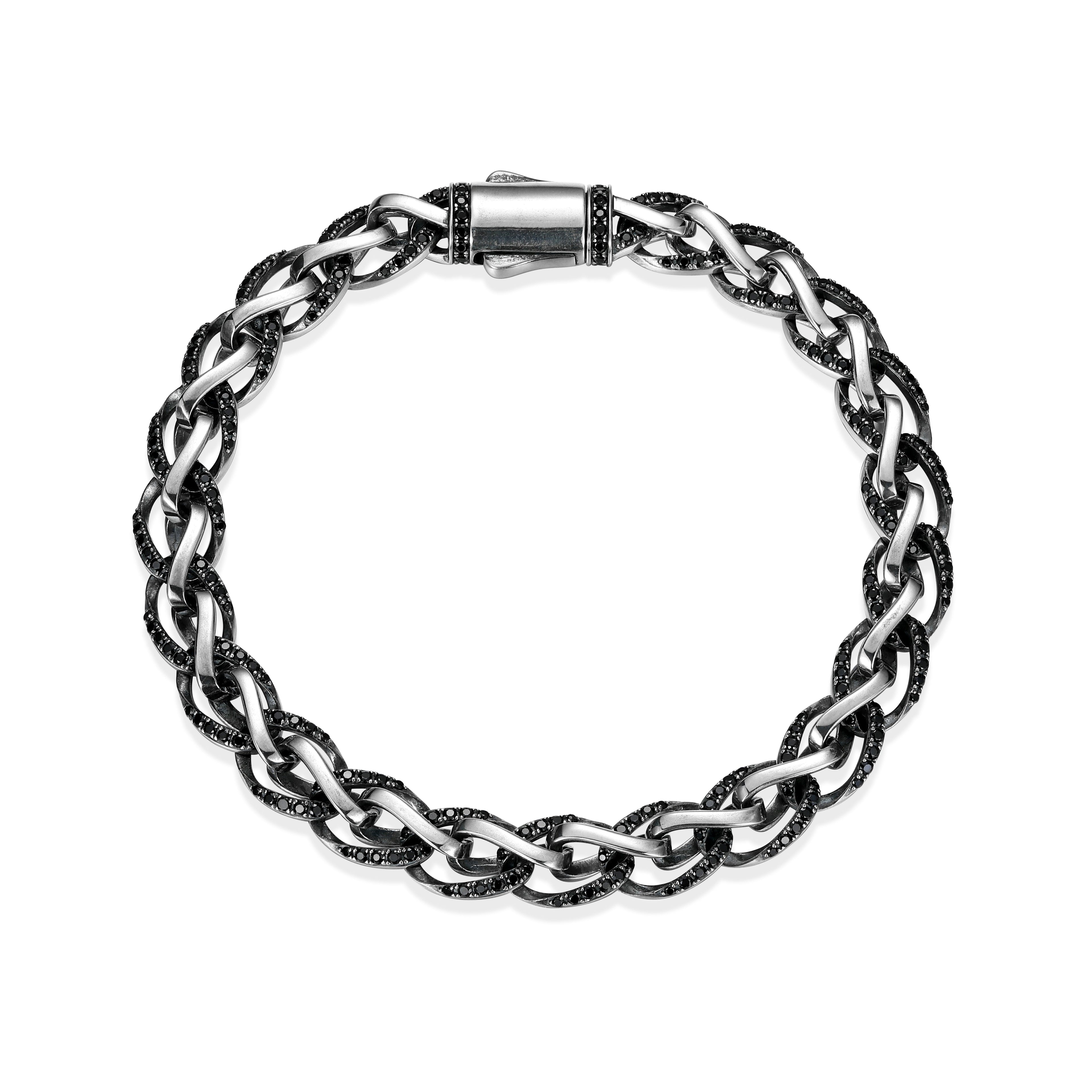 UB0079 - Links Pavé Genuine Black Sapphire Foxtail Chain Bracelet in Oxidized Rhodium - Plated Sterling Silver