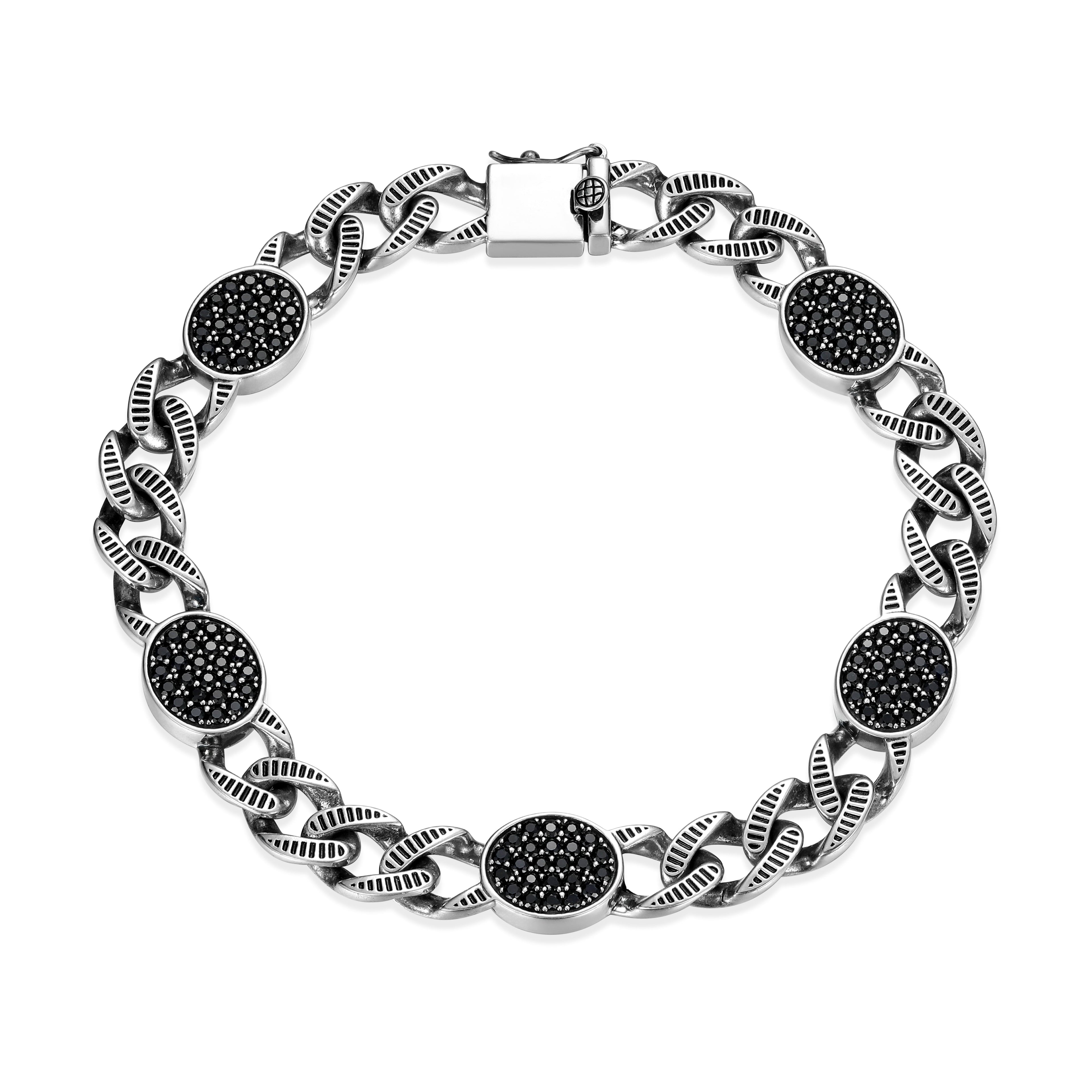 UB0075 - Ridge Cuban Chain with Genuine Black Sapphire Pavé Station Bracelet in Oxidized Rhodium - Plated Sterling Silver