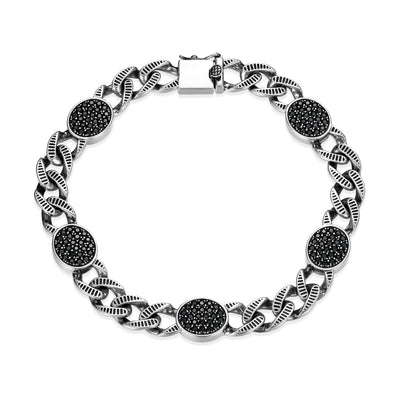 UB0075 - Ridge Cuban Chain with Genuine Black Sapphire Pavé Station Bracelet in Oxidized Rhodium - Plated Sterling Silver