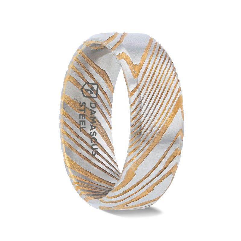 JOFFREY Gold Color Damascus Steel Brushed Beveled Men’s Wedding Band with Repeating Artisan Pattern - 6mm & 8mm - Thorsten Rings