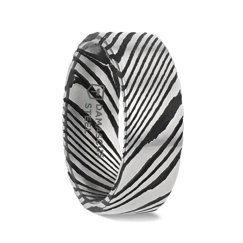 HANZO Black Flat Brushed Damascus Steel Men’s Wedding Band with Vivid Etched Design- 6mm & 8mm - Thorsten Rings