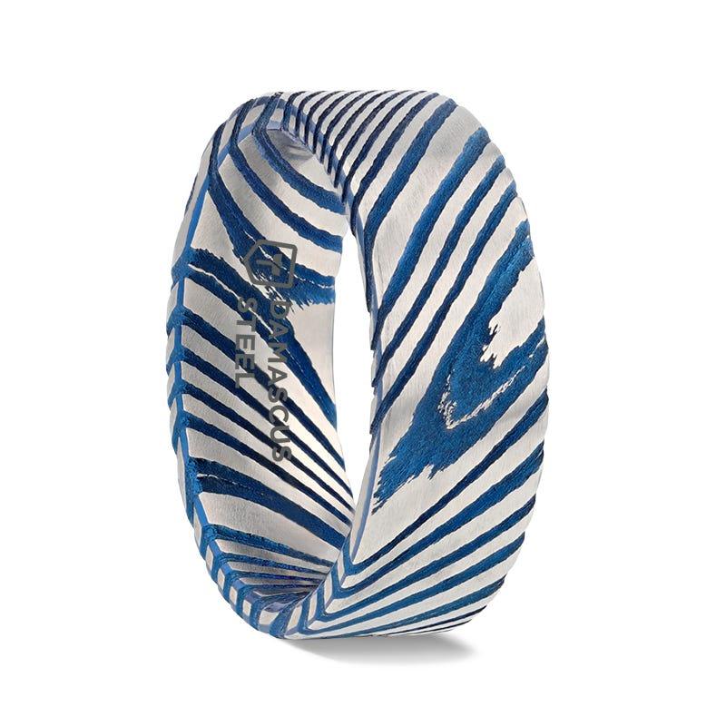 DUKE Blue Flat Brushed Damascus Steel Men’s Wedding Band with Vivid Etched Design - 6mm & 8mm - Thorsten Rings