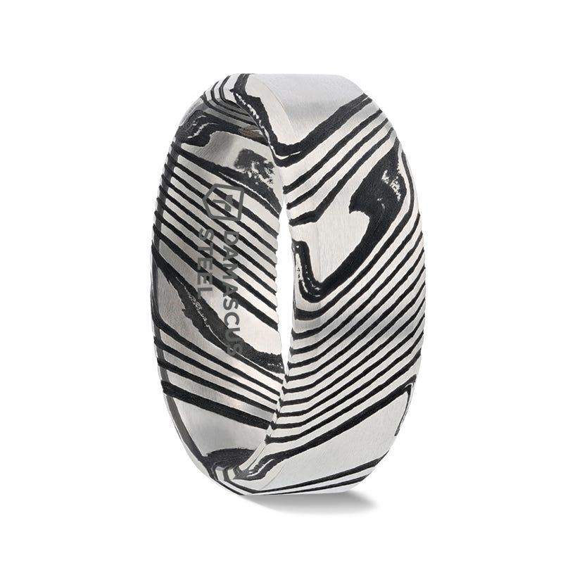 MELVIN Black Damascus Steel Brushed Beveled Men’s Wedding Band with Repeating Artisan Pattern - 6mm & 8mm - Thorsten Rings
