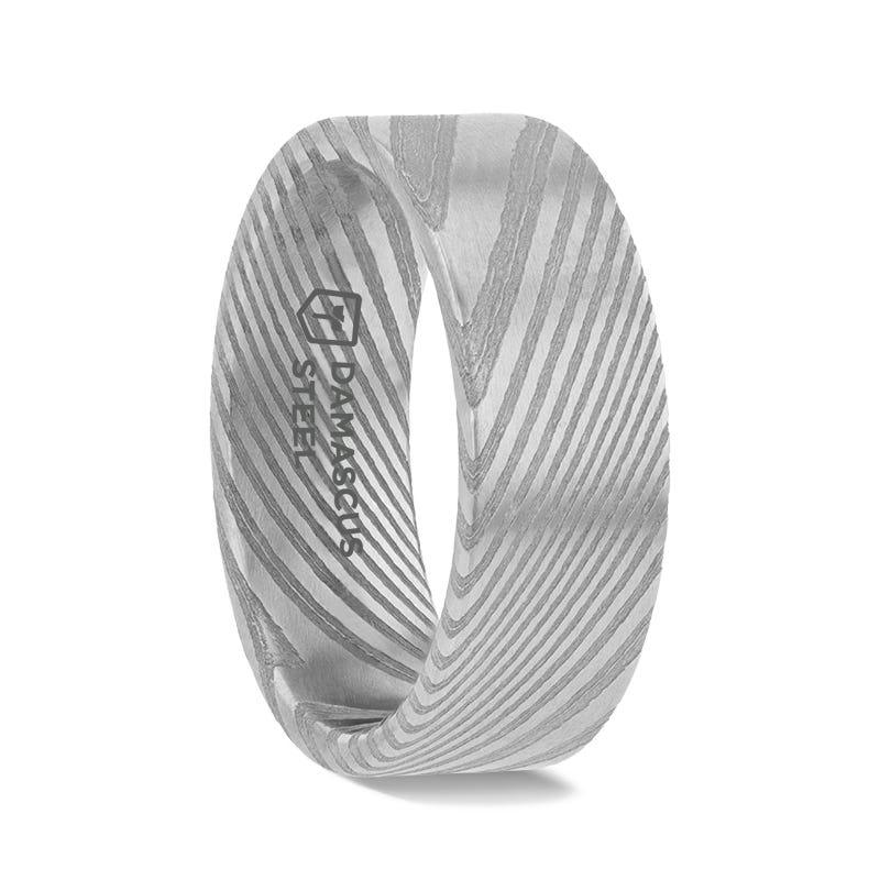 XANDER Grey Flat Brushed Damascus Steel Men’s Wedding Band with Vivid Etched Design - 6mm & 8mm - Thorsten Rings