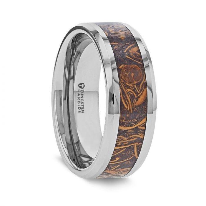 ABBA Men’s Polished Tungsten Wedding Band with Sanskrit Stone Inlay Polished Beveled Edges - 8mm - Thorsten Rings