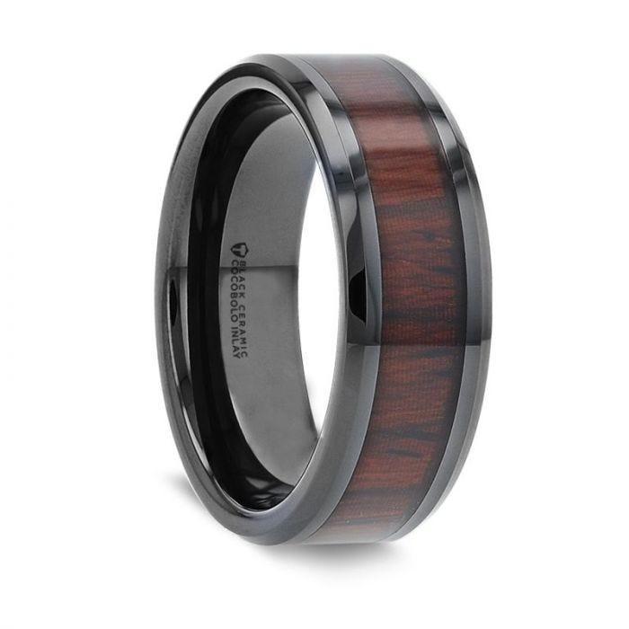 KAI Beveled Black Ceramic Ring with Cocobolo Wood Inlay - 8mm - Thorsten Rings