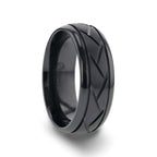 JAX Domed Black Titanium Ring with Brushed Cross Alternating Diagonal Cuts Pattern - 8mm - Thorsten Rings