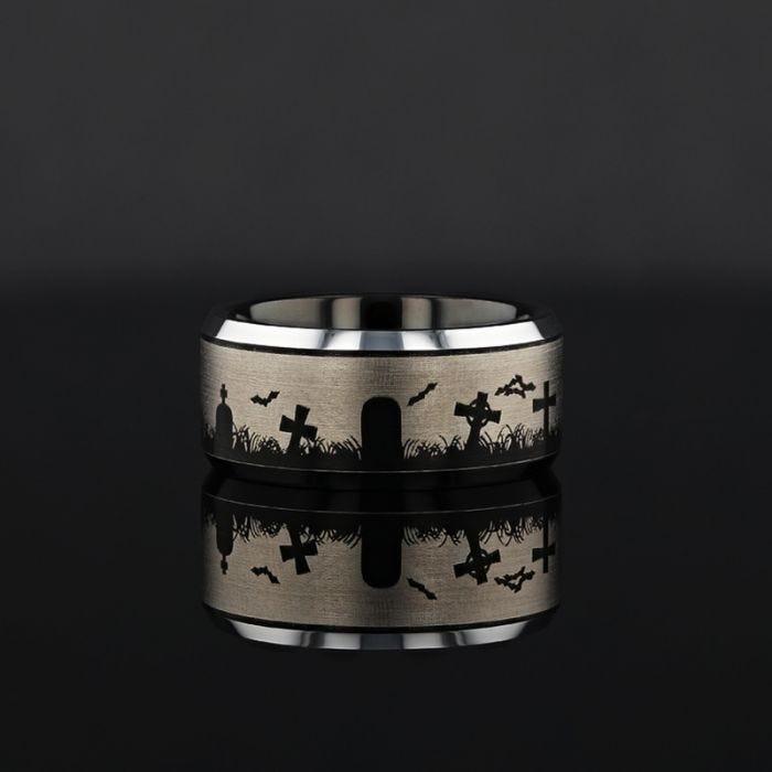 Inverted Graveyard Halloween Engraved Black Tungsten Ring with Polished Beveled Edges (Aston) - 4mm - 10mm - Thorsten Rings