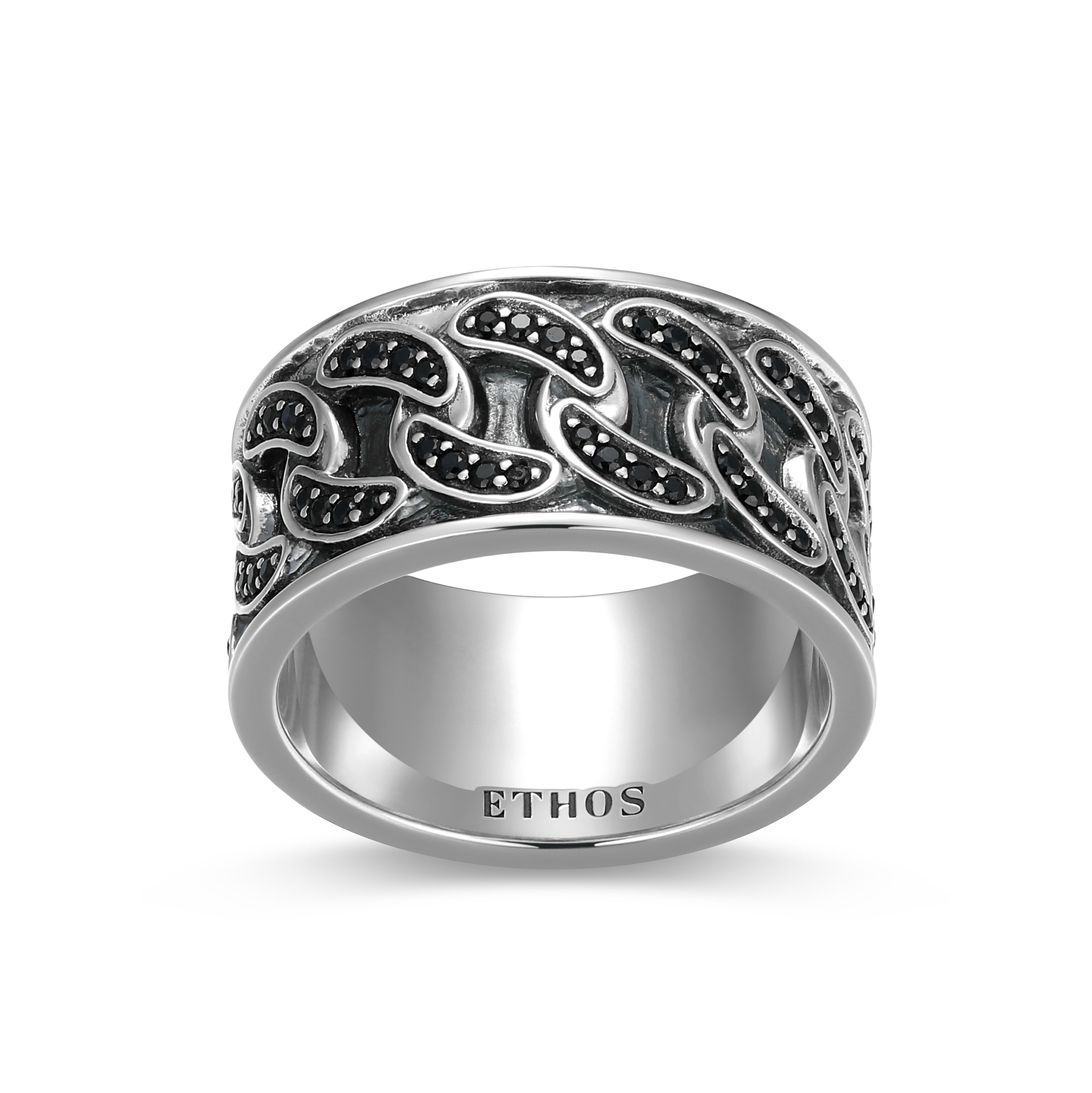 UR0083 - Links Genuine Black Sapphire Pavé Cuban Chain Band Ring in Oxidized Rhodium - Plated Sterling Silver