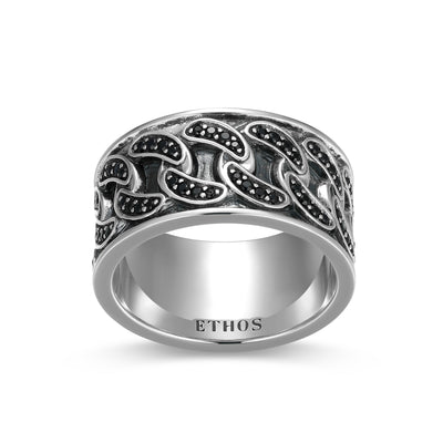 UR0083 - Links Genuine Black Sapphire Pavé Cuban Chain Band Ring in Oxidized Rhodium - Plated Sterling Silver