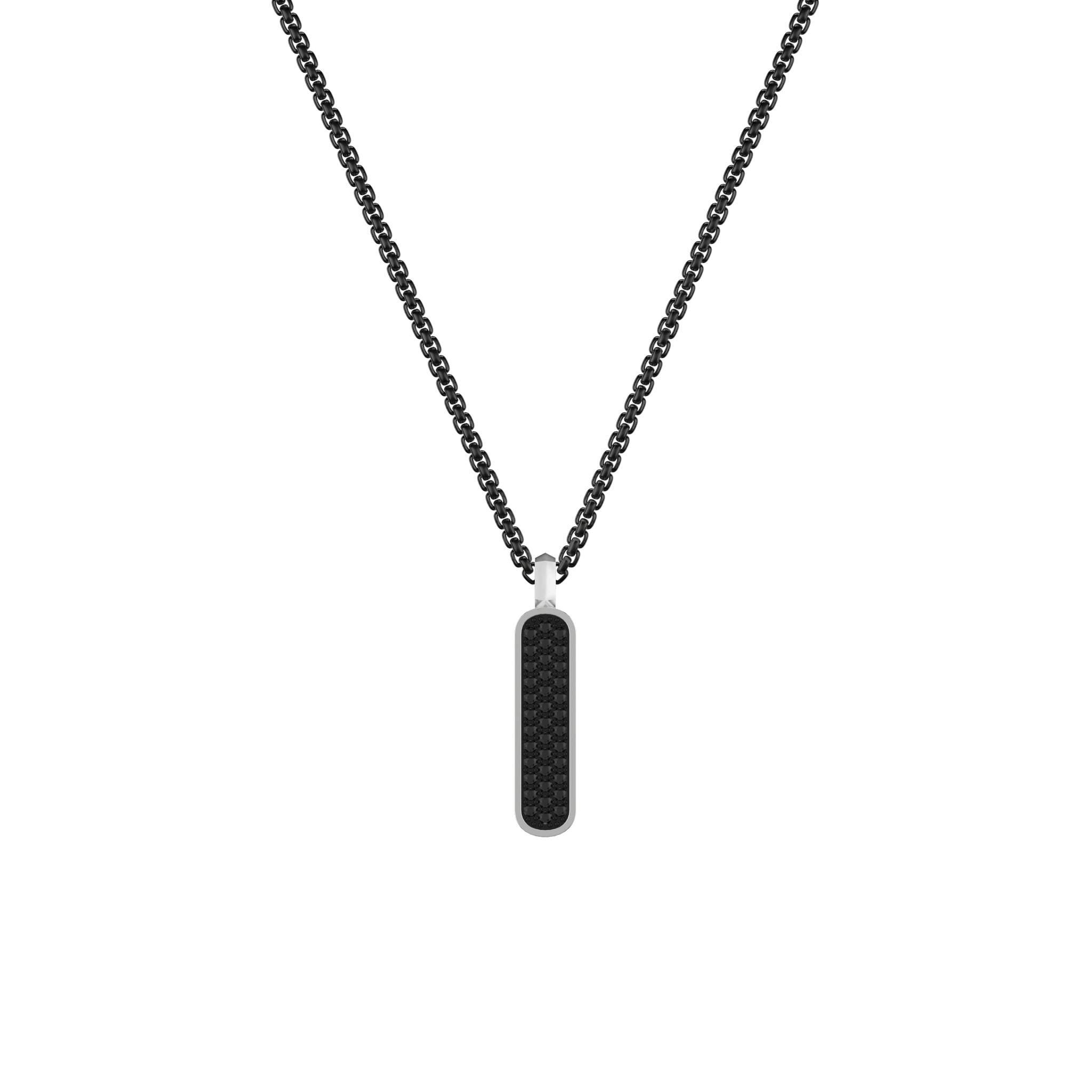 22" Sterling Silver Box Chain with On-Trend 36MM Skinny Vertical Dog Tag Pendant with Pav Black Sapphires and Black Rhodium Prongs