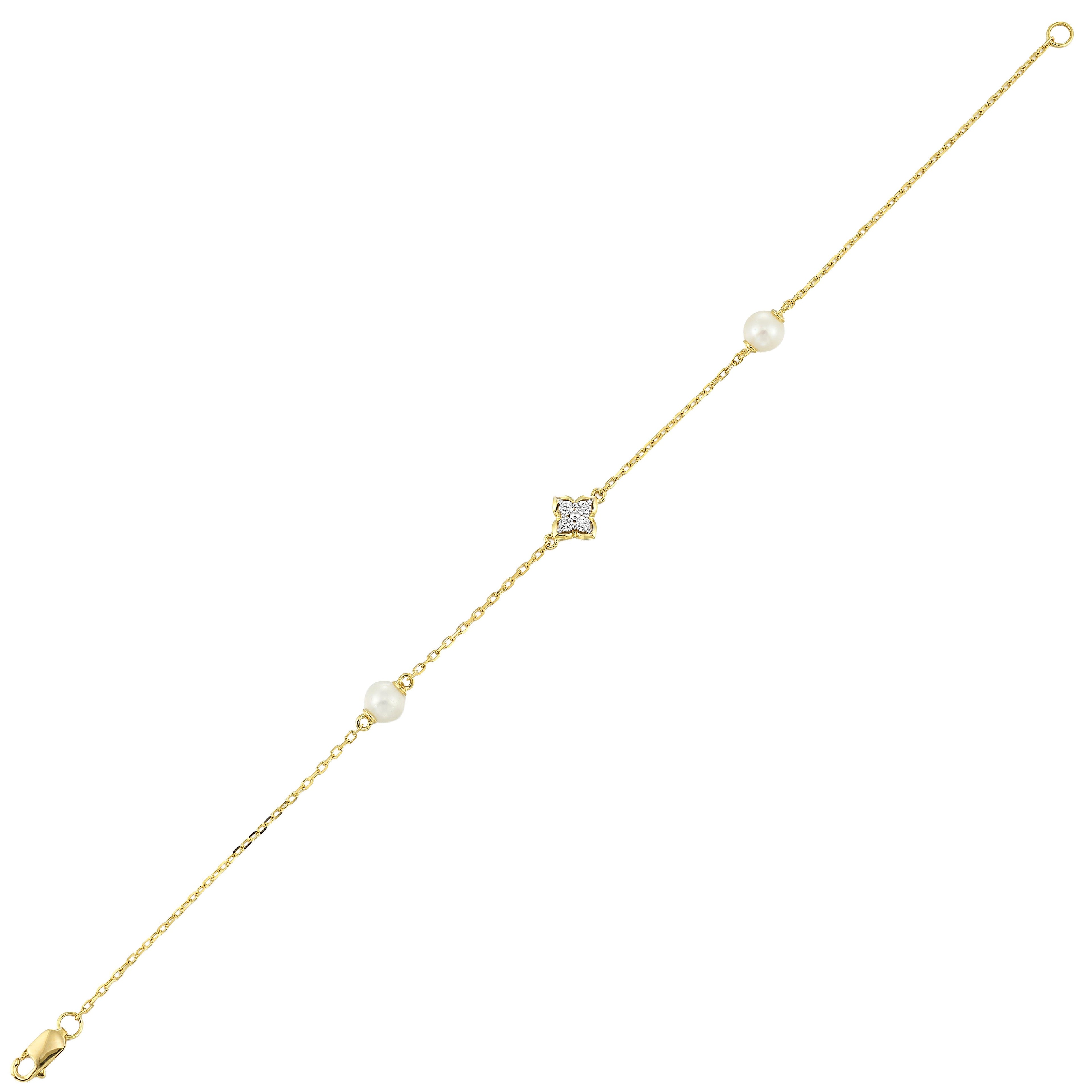 14Kt Yellow Gold Diamond 1/12Ctw & Pearl Bracelet