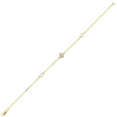 14Kt Yellow Gold Diamond 1/12Ctw & Pearl Bracelet