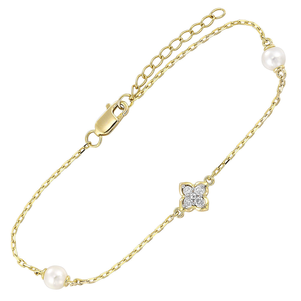 14Kt Yellow Gold Diamond 1/12Ctw & Pearl Bracelet