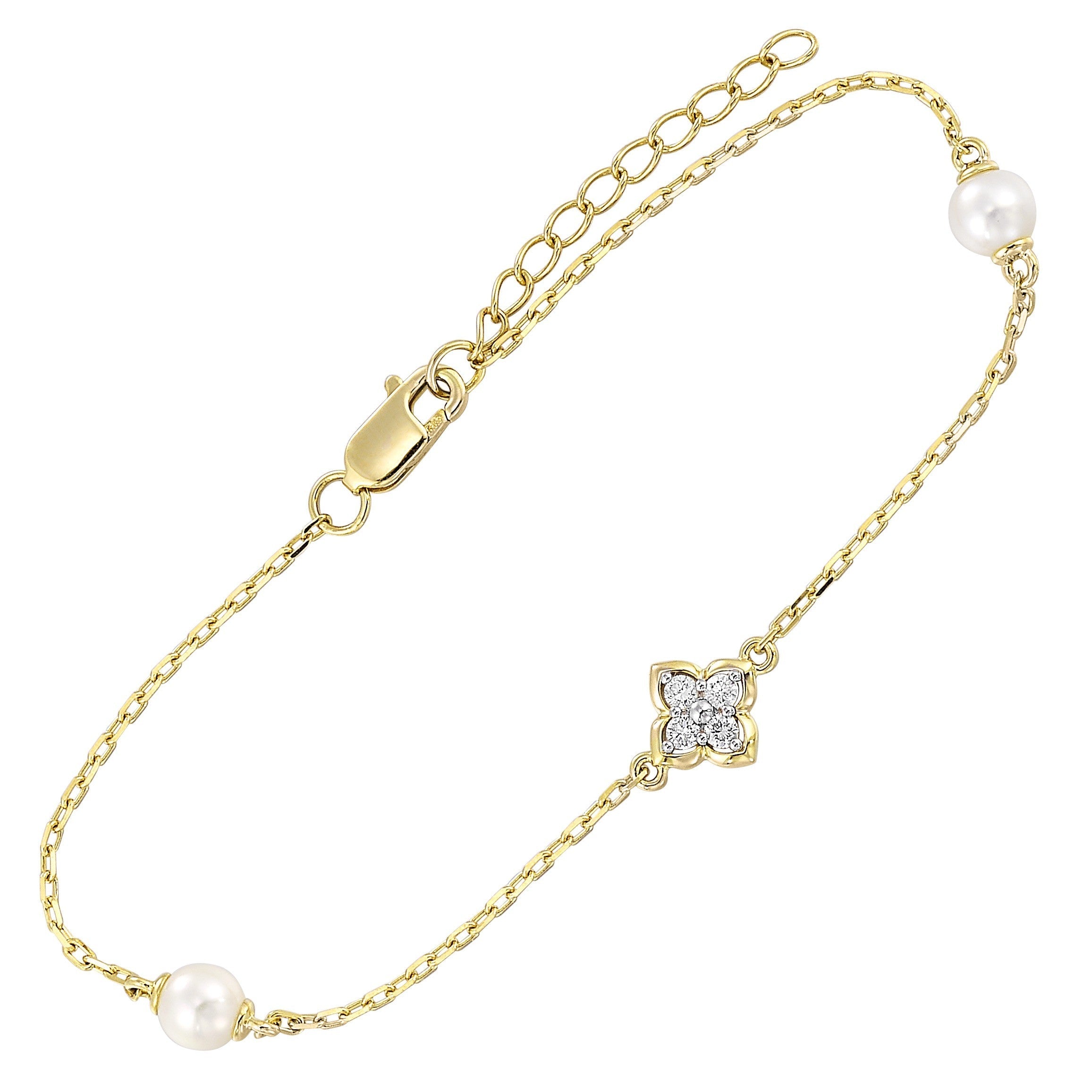 14Kt Yellow Gold Diamond 1/12Ctw & Pearl Bracelet