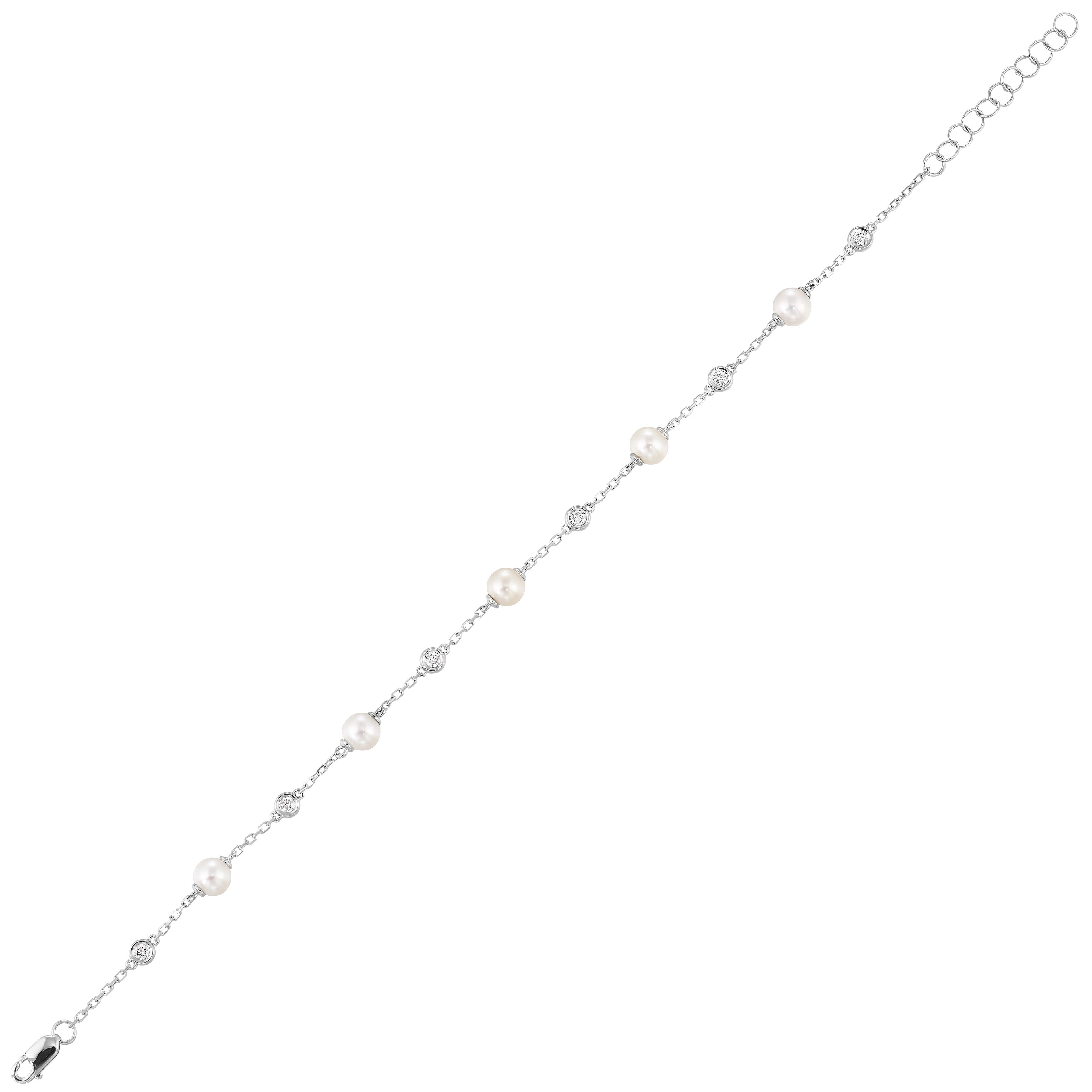 14Kt White Gold Diamond 1/5Ctw & Pearl 1Ctw Bracelet