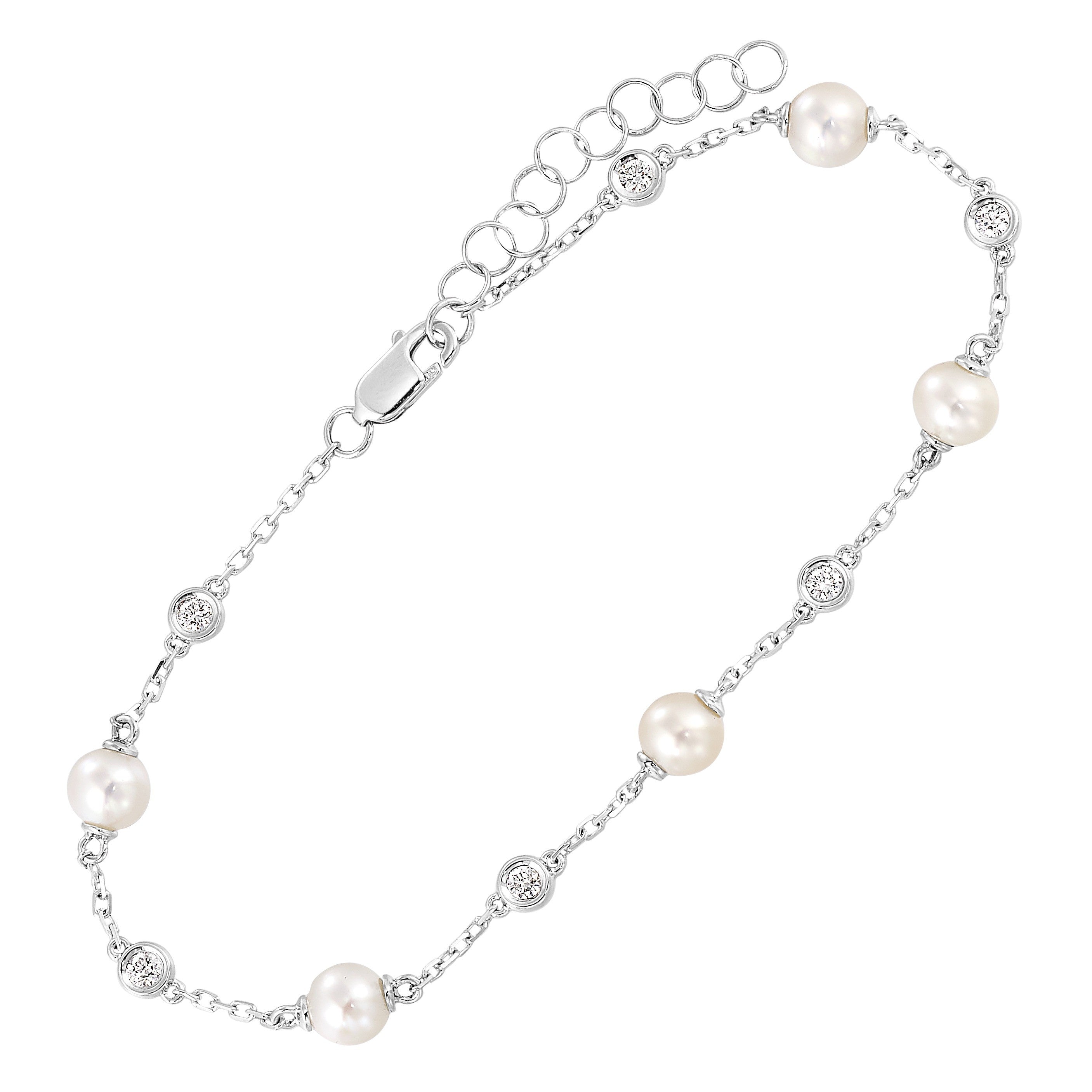 14Kt White Gold Diamond 1/5Ctw & Pearl 1Ctw Bracelet