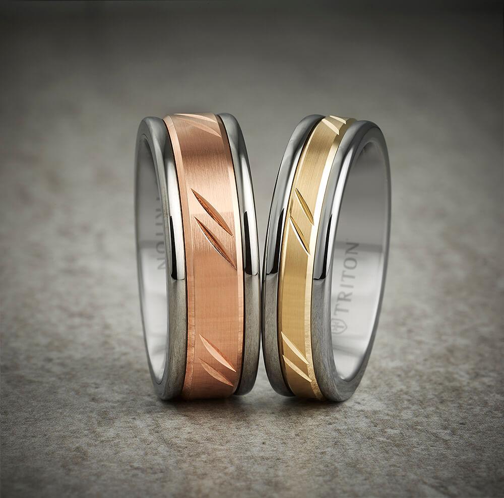 8MM Black Tungsten Carbide Ring - Bevel Diagonal Cut 14K White Gold Insert with Round Edge