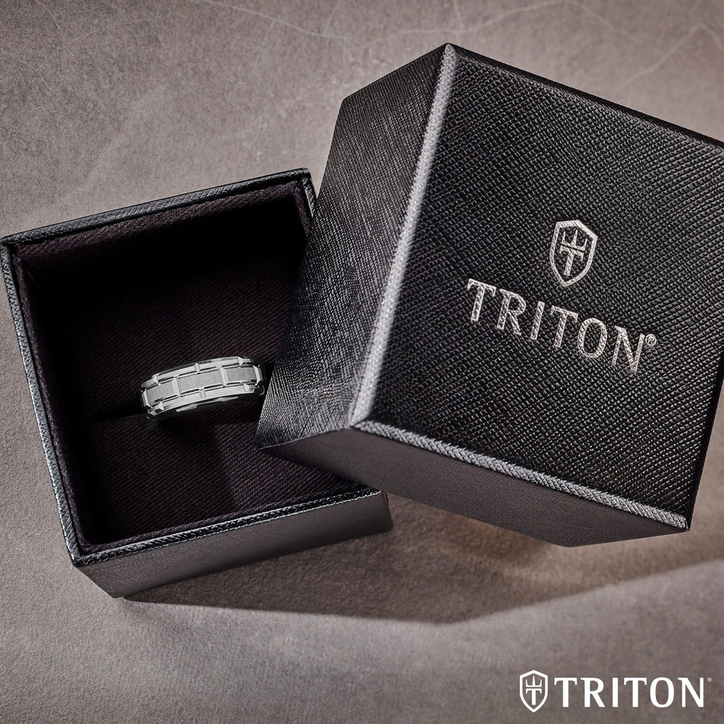 8MM Tungsten Carbide Ring - Brick Pattern Center and Flat Edge