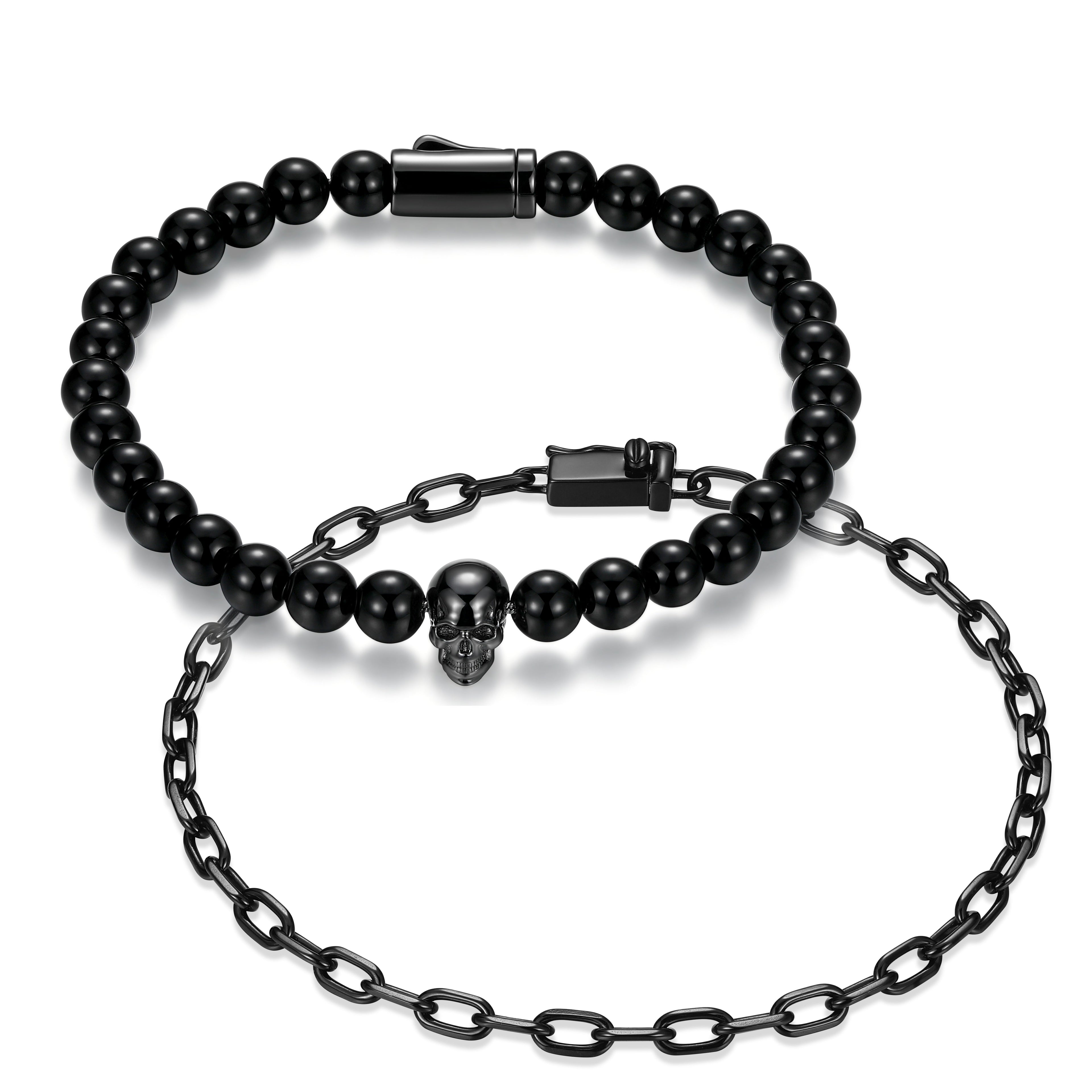 UB0107 - Skull Box Set Black Agate Bead & Faceted Cable Chain Bracelets in Gunmetal - Plated Sterling Silver