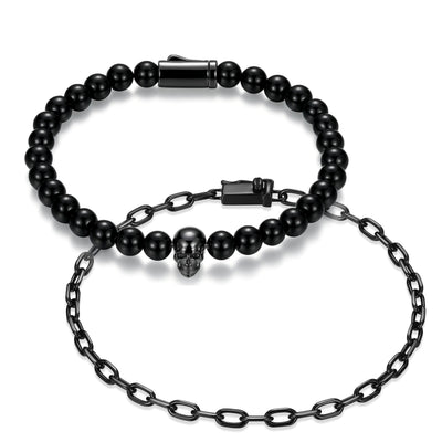 UB0107 - Skull Box Set Black Agate Bead & Faceted Cable Chain Bracelets in Gunmetal - Plated Sterling Silver