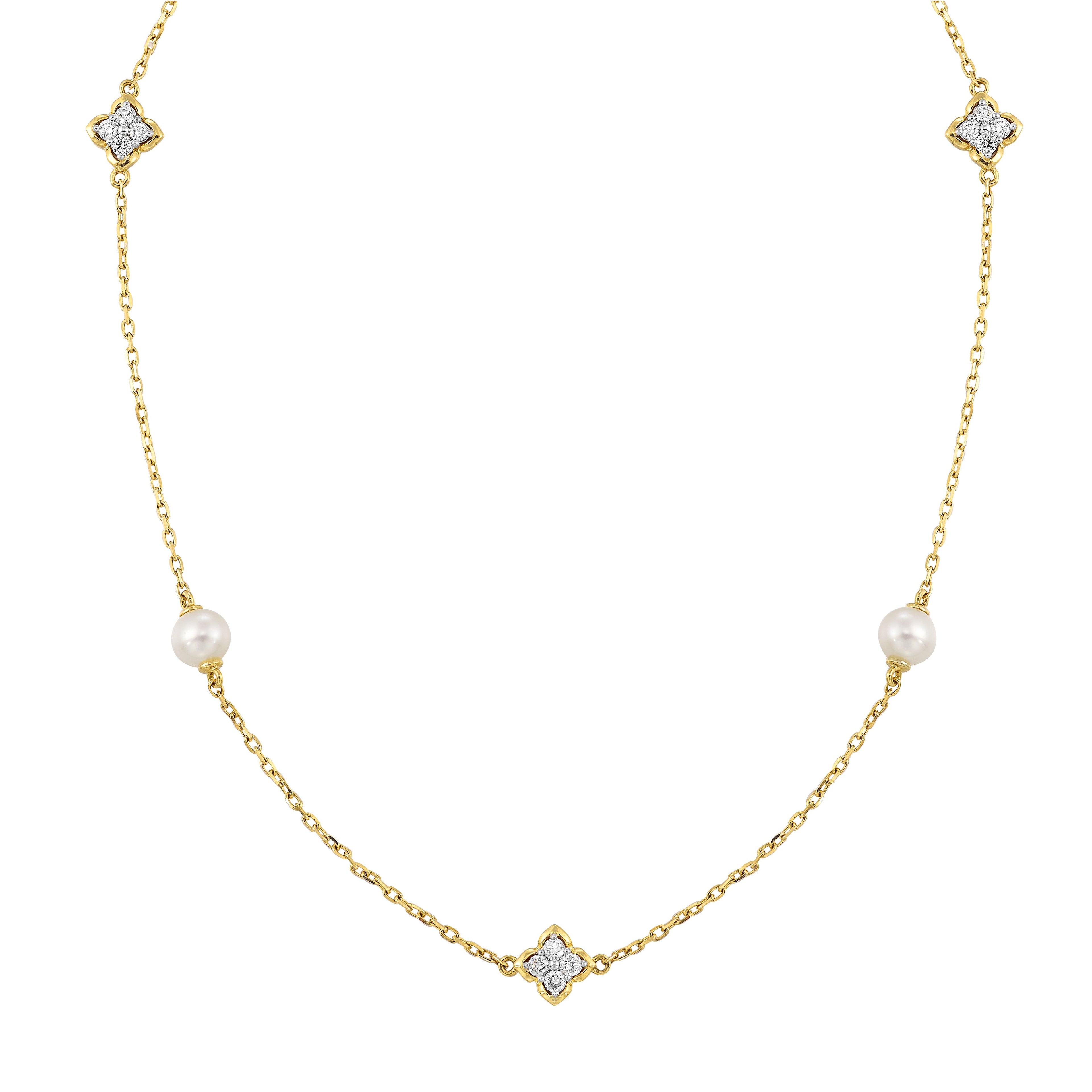 14Kt Yellow Gold Diamond 1/6Ctw & Pearl Necklace