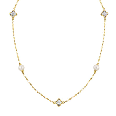 14Kt Yellow Gold Diamond 1/6Ctw & Pearl Necklace