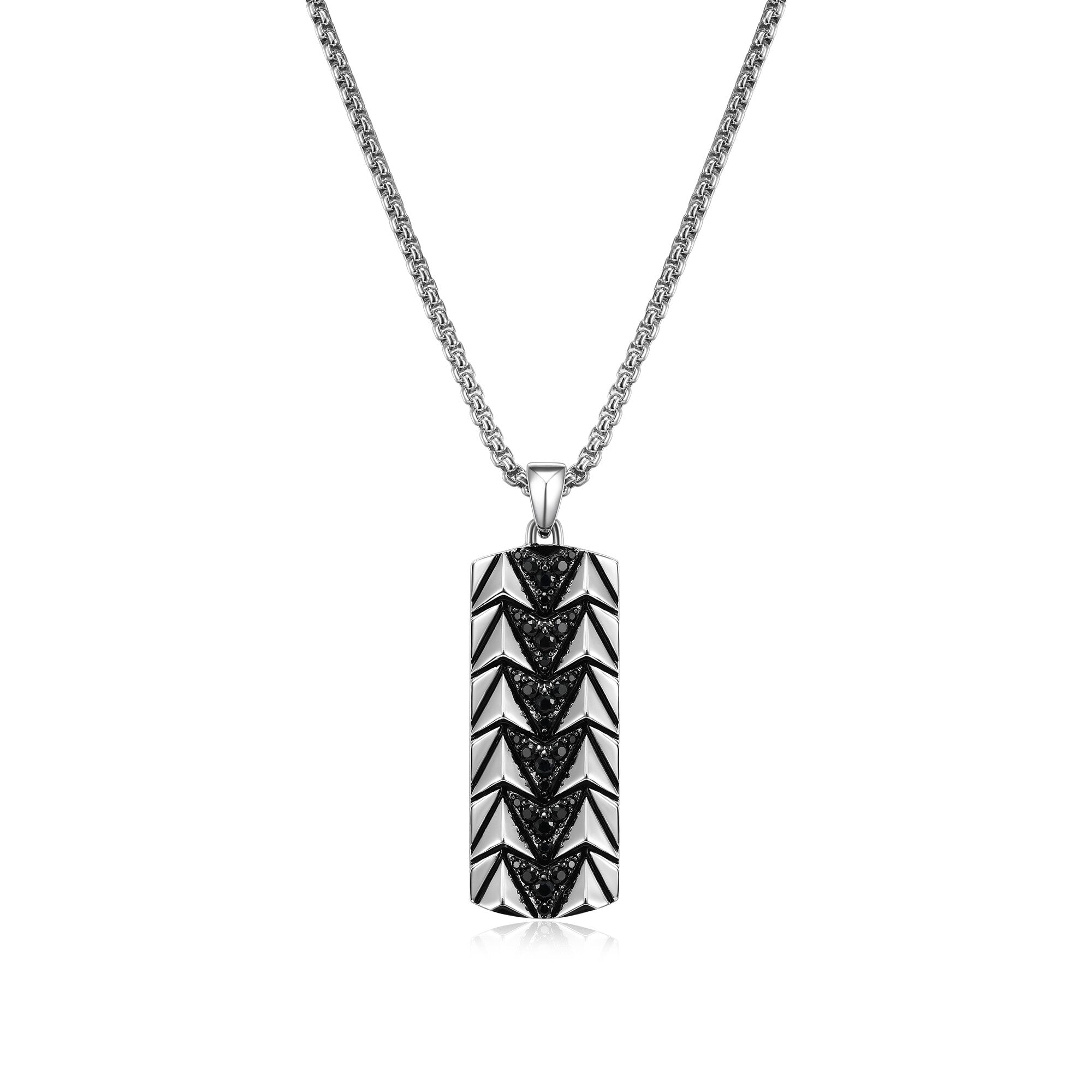 UP07 - Chevron Rhodium and Gunmetal Sterling Silver and Black Sapphire Tag Necklace