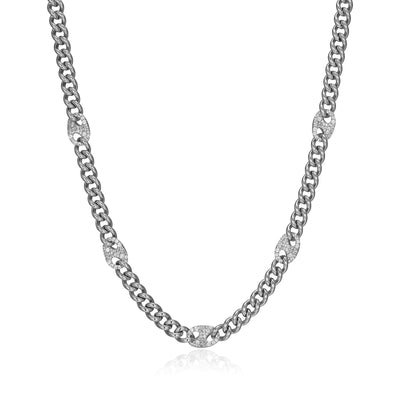 UN0080 - Links Lab - Created White Sapphire Mariner Station Cuban Chain Necklace in Rhodium - Plated Sterling Silver