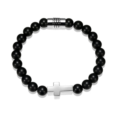 UB0022 - Strata Cross Matte Genuine Black Agate Beaded Bracelet  -  7.25"