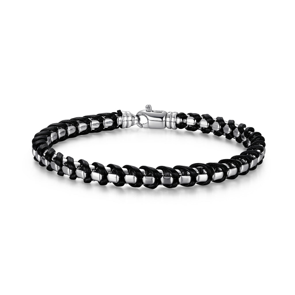 UB0005M - Italian Chain Rhodium Plated Round Box Chain with Black Leather Bracelet  -  8.5"