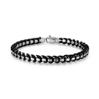 UB0005M - Italian Chain Rhodium Plated Round Box Chain with Black Leather Bracelet  -  8.5"
