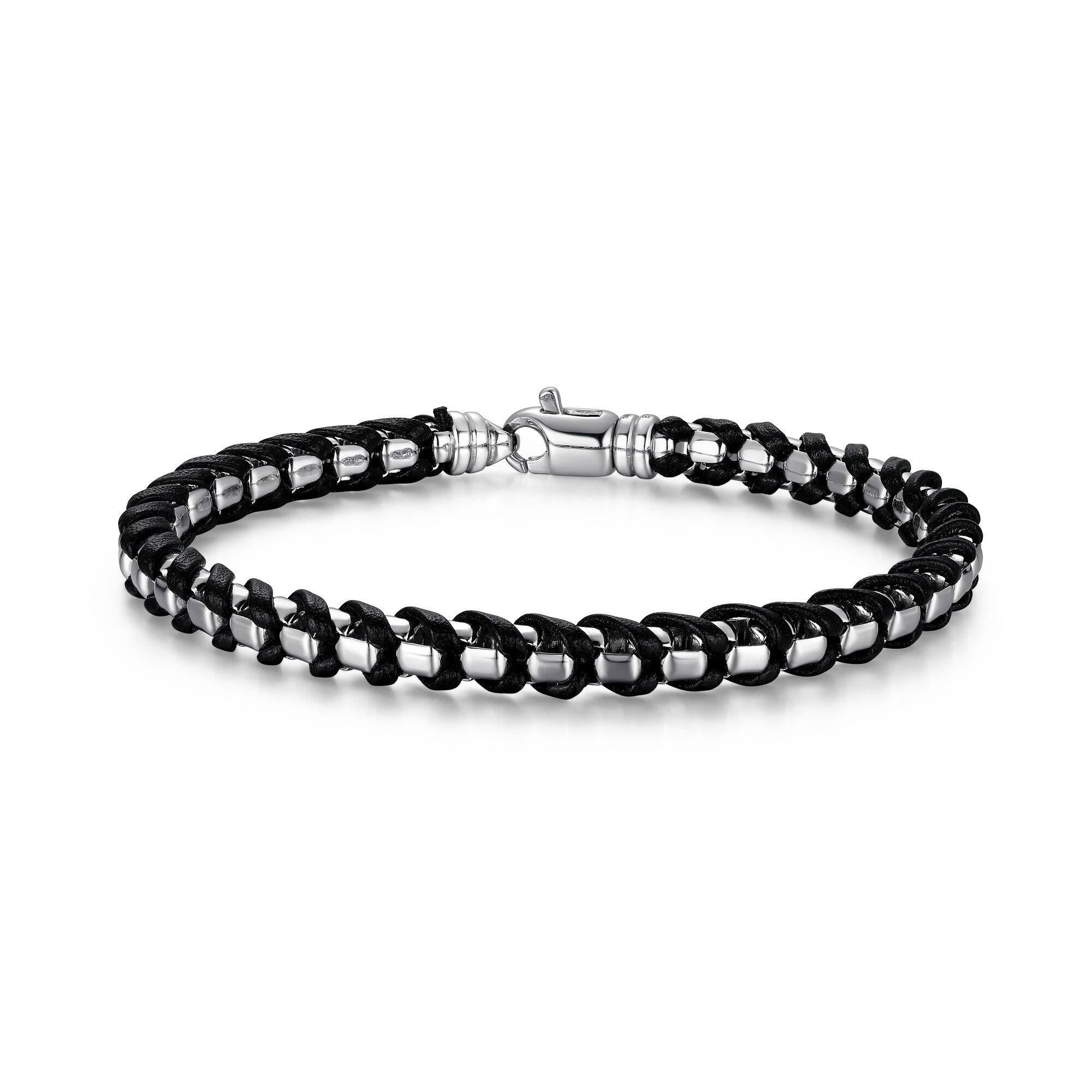 UB0005M - Italian Chain Rhodium Plated Round Box Chain with Black Leather Bracelet  -  8.5"