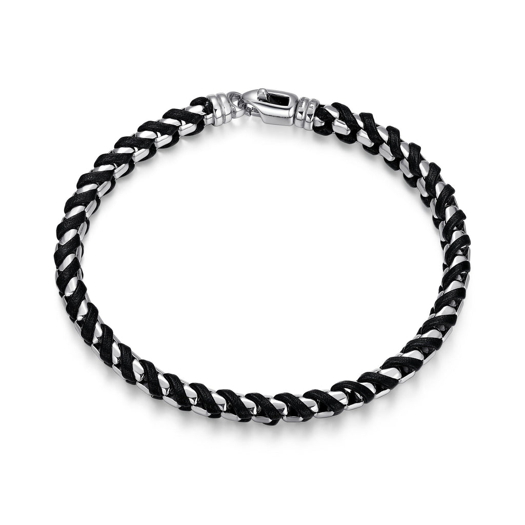 UB0005M - Italian Chain Rhodium Plated Round Box Chain with Black Leather Bracelet  -  8.5"