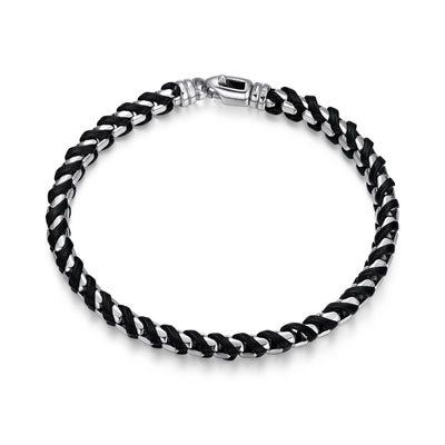 UB0005M - Italian Chain Rhodium Plated Round Box Chain with Black Leather Bracelet  -  8.5"