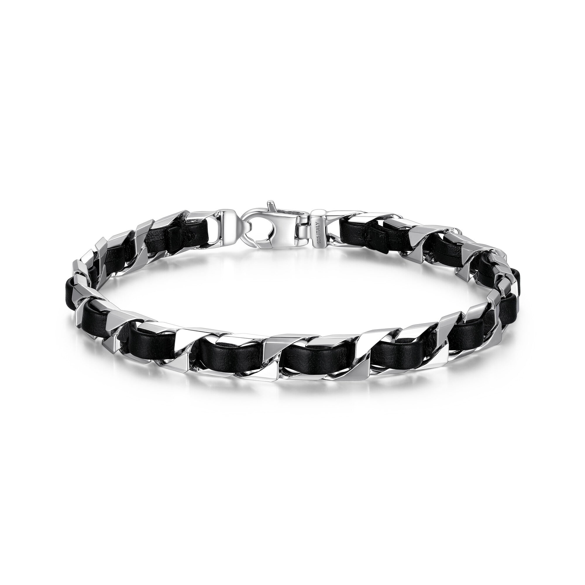 UB0006M - Italian Chain Rhodium Plated Curb Chain with Black Leather Bracelet  -  8.5"