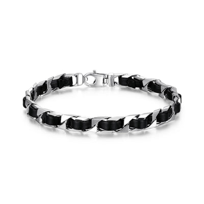 UB0006M - Italian Chain Rhodium Plated Curb Chain with Black Leather Bracelet  -  8.5"