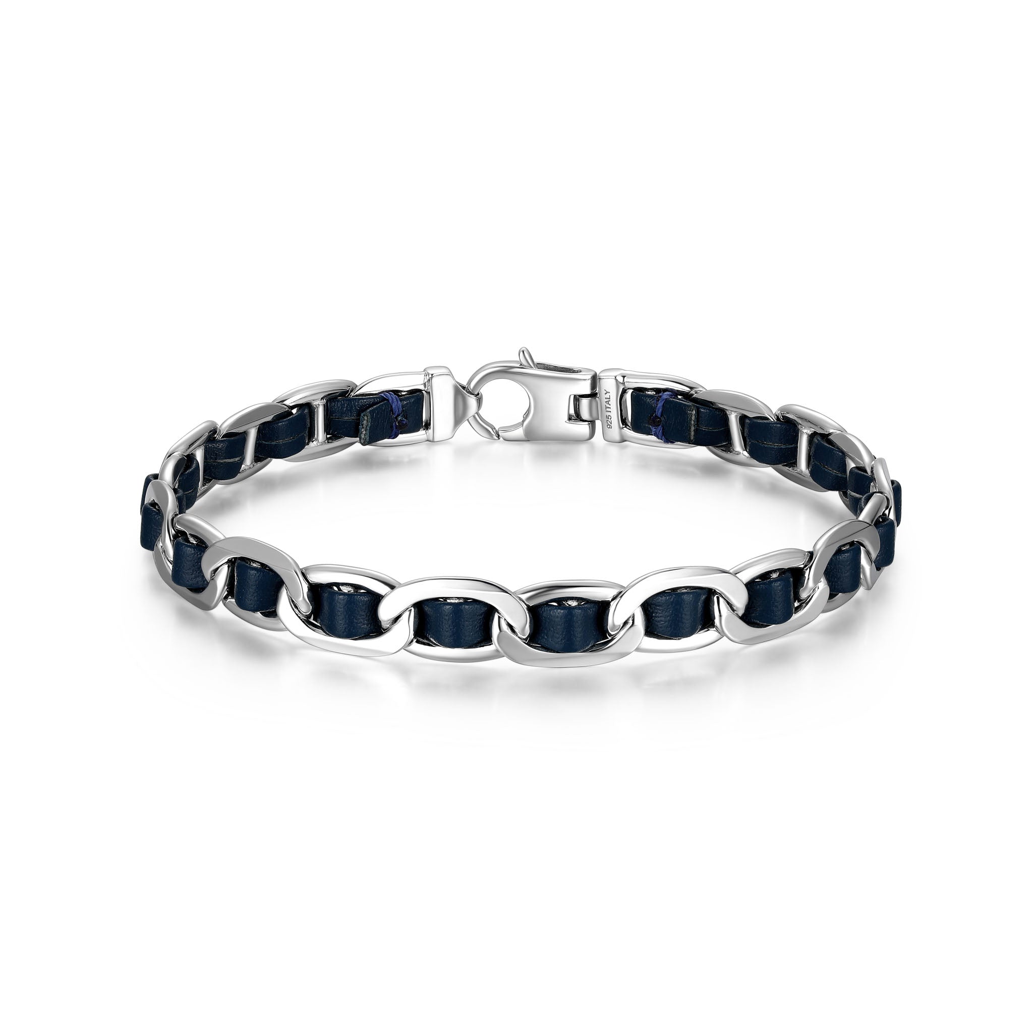 UB0007S - Italian Chain Rhodium Plated Mariner Chain Bracelet with Blue Flat Leather  -  7.75"